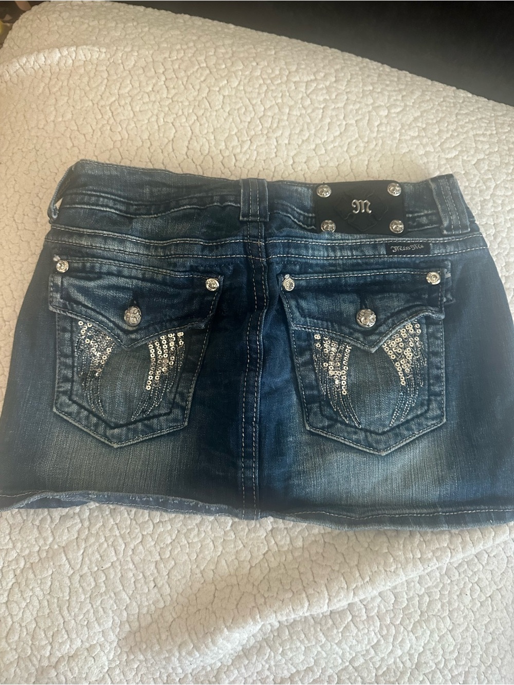 Miss Me Dark Blue Sequin-Embellished Mini Denim Skirt